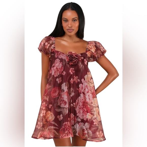 Lulus Dresses & Skirts - Lulus NWT Flair Wine Red Floral Organza Puff Sleeve Baby Doll Shift Mini Dress S
